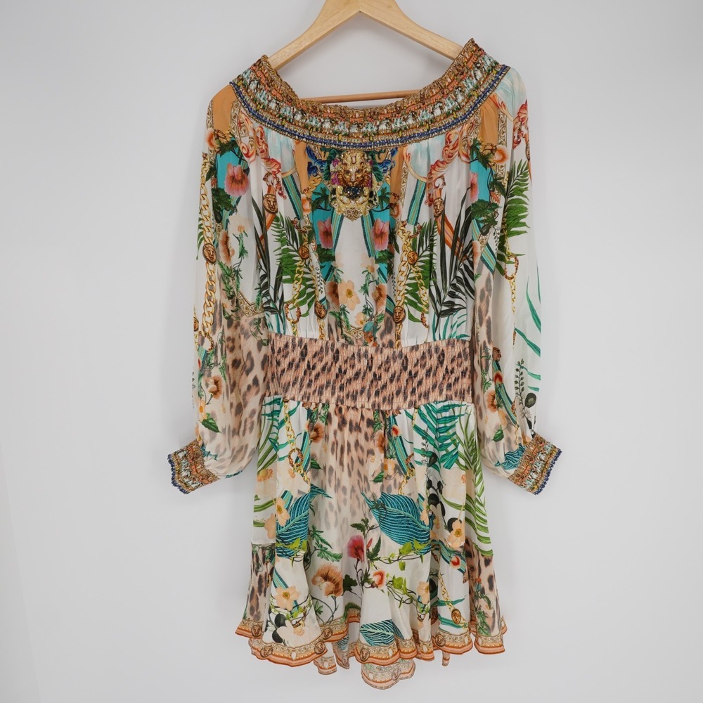 Camilla Silk Off Shoulder Embellished Mini Dress Animal Tropical Sz M Resort - Picture 5 of 16